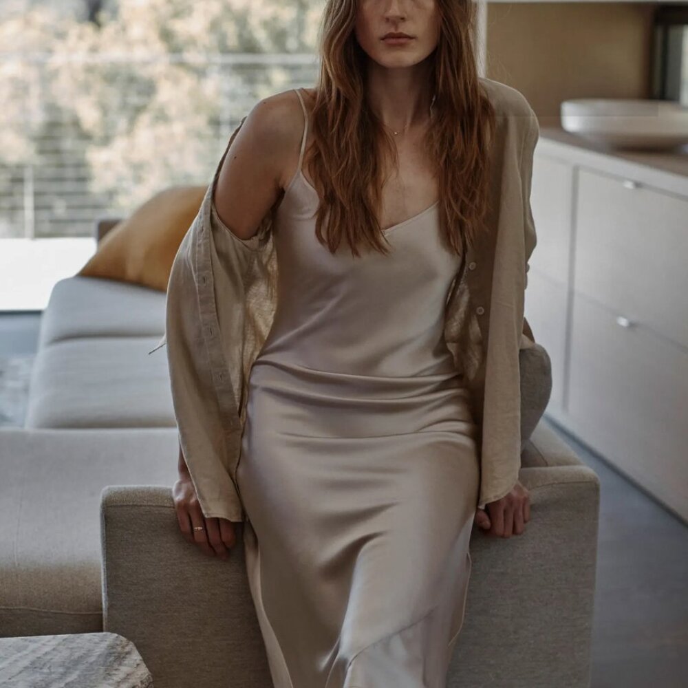 Quince Washable Silk Slip Dress Midi Champagne XS